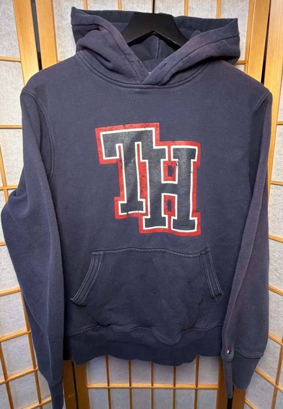 Tommy Hilfiger TH Logo Pullover Hoodie Size M Navy Blue Fleece